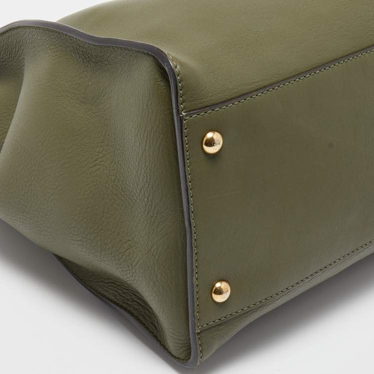 Pre Owned Fendi Khaki Green Printed Perspex and Leather Large Peekaboo Top Handle Bag