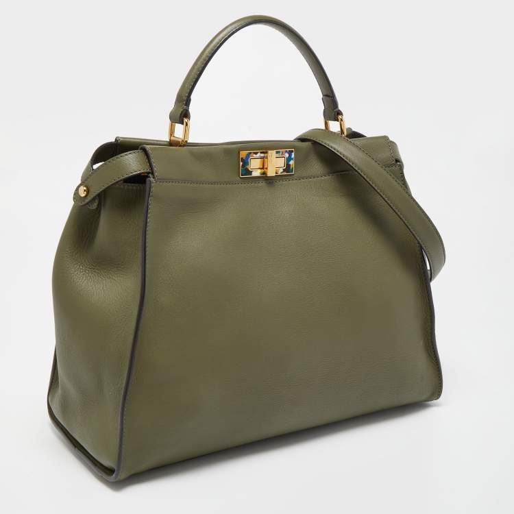 Pre Owned Fendi Khaki Green Printed Perspex and Leather Large Peekaboo Top Handle Bag