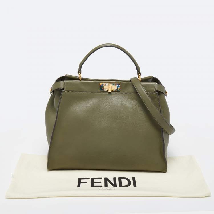 Pre Owned Fendi Khaki Green Printed Perspex and Leather Large Peekaboo Top Handle Bag