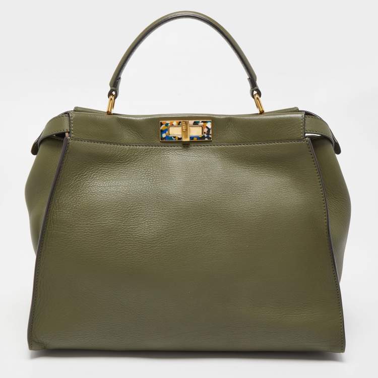 Pre Owned Fendi Khaki Green Printed Perspex and Leather Large Peekaboo Top Handle Bag