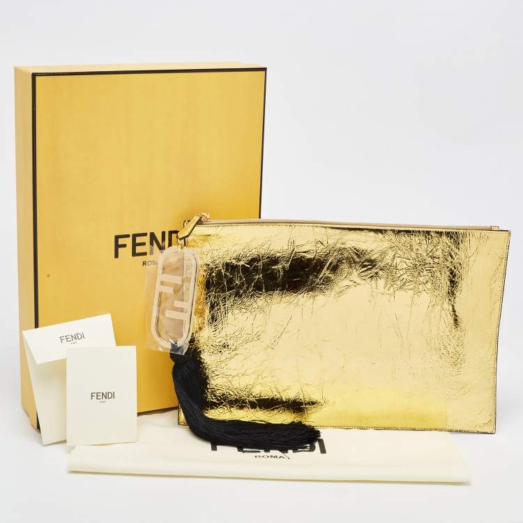 Pre Owned Fendi Gold Laminated Leather FF Tassel Clutch