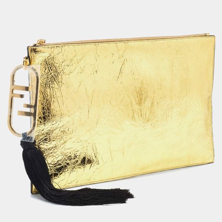 Pre Owned Fendi Gold Laminated Leather FF Tassel Clutch