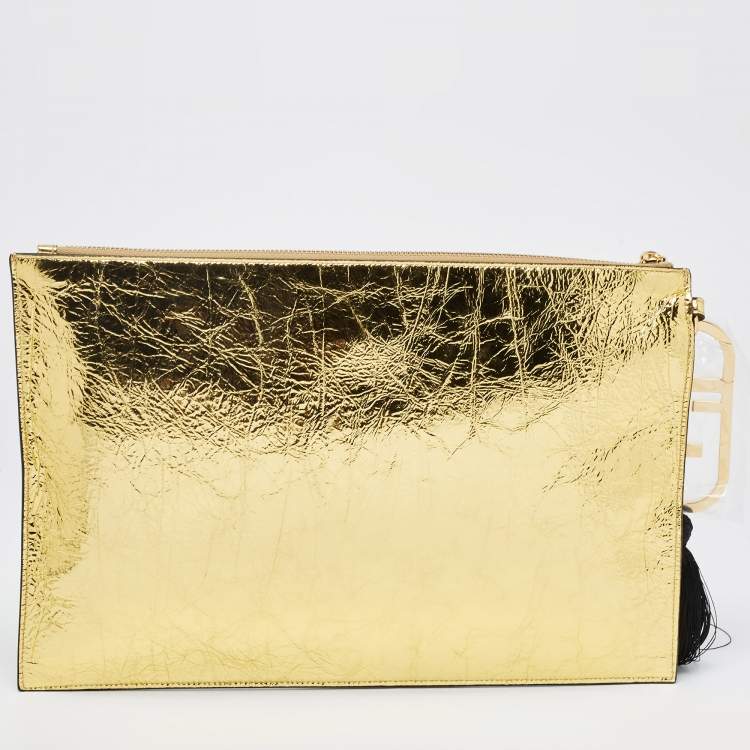 Pre Owned Fendi Gold Laminated Leather FF Tassel Clutch