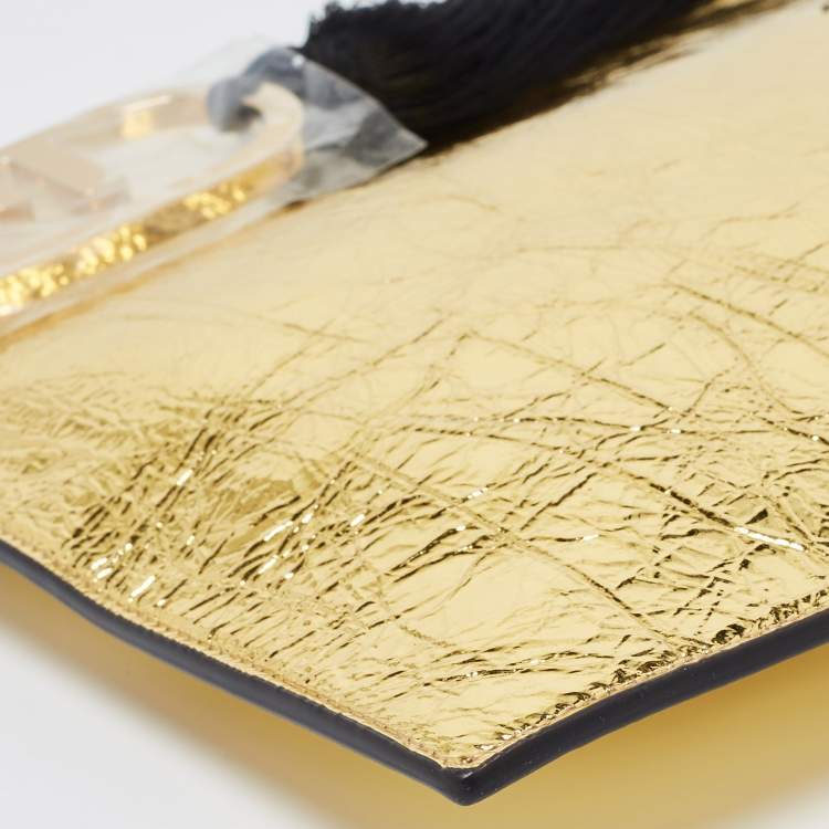 Pre Owned Fendi Gold Laminated Leather FF Tassel Clutch