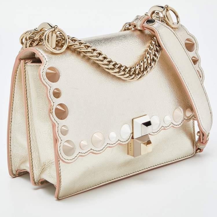 Pre Owned Fendi Gold Leather Small Scalloped Kan I Shoulder Bag