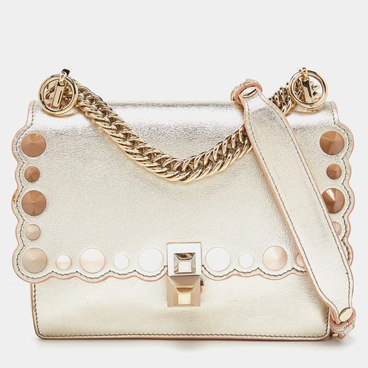Pre Owned Fendi Gold Leather Small Scalloped Kan I Shoulder Bag