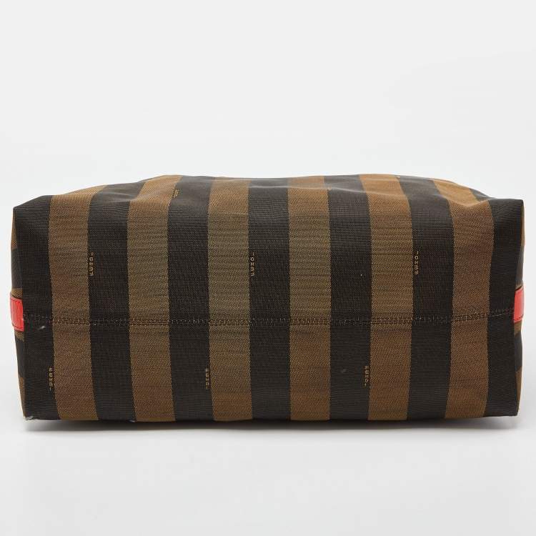 Pre Owned Fendi Tobacco/Red Pequin Stripe Canvas and Leather Hobo