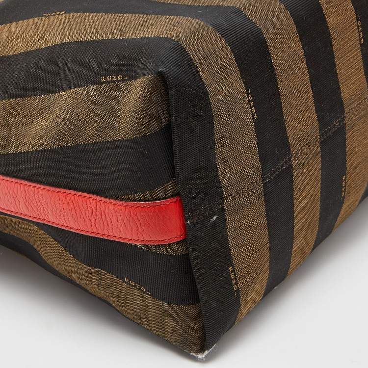Pre Owned Fendi Tobacco/Red Pequin Stripe Canvas and Leather Hobo