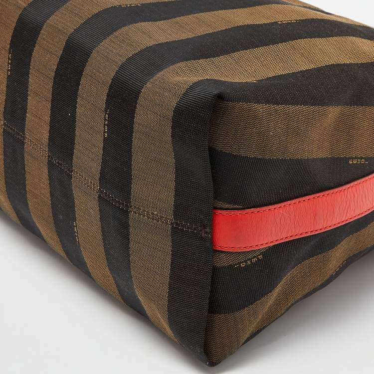 Pre Owned Fendi Tobacco/Red Pequin Stripe Canvas and Leather Hobo