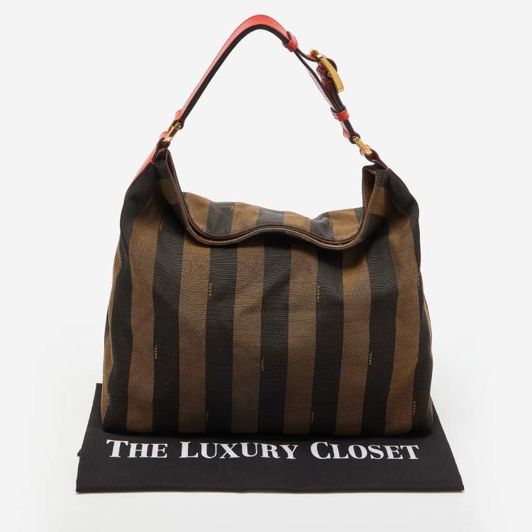 Pre Owned Fendi Tobacco/Red Pequin Stripe Canvas and Leather Hobo