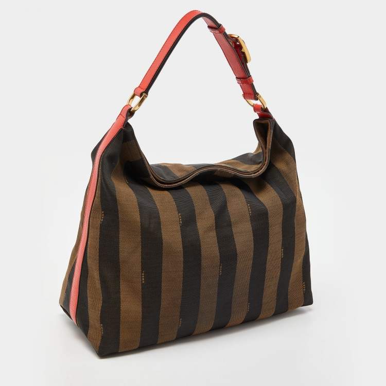 Pre Owned Fendi Tobacco/Red Pequin Stripe Canvas and Leather Hobo