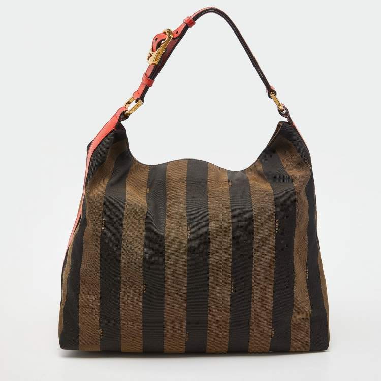 Pre Owned Fendi Tobacco/Red Pequin Stripe Canvas and Leather Hobo