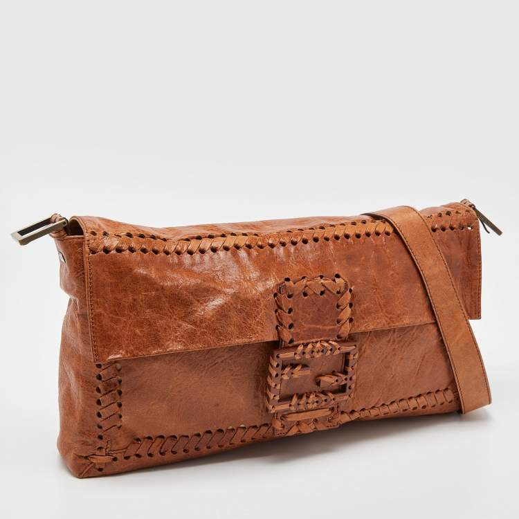 Pre Owned Fendi Brown Whipstitch Leather Baguette Fap Shoulder Bag