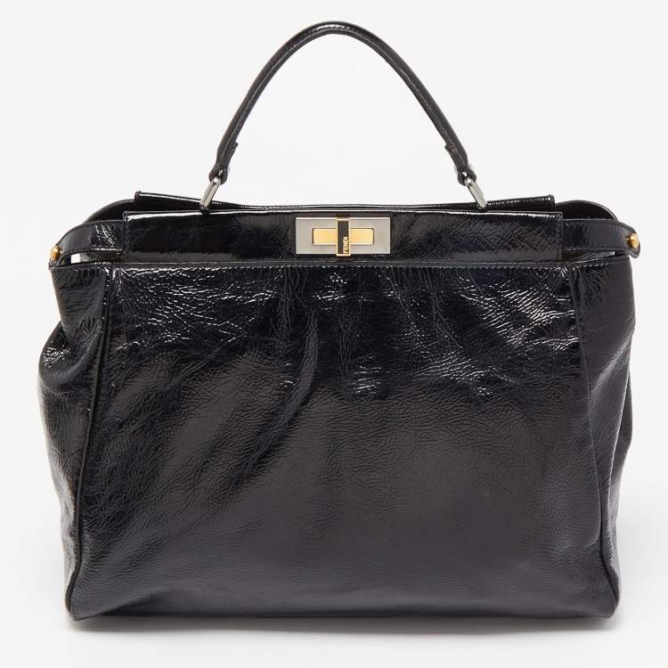Pre Owned Fendi Black Patent Leather Large Peekaboo Top Handle Bag