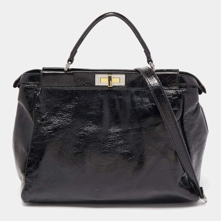 Pre Owned Fendi Black Patent Leather Large Peekaboo Top Handle Bag