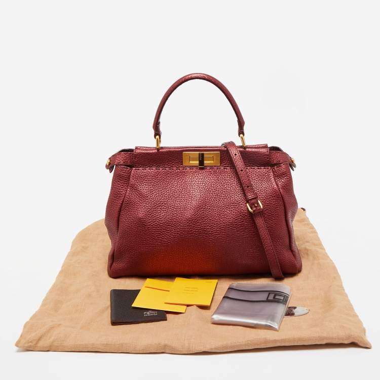 Pre Owned Fendi Metallic Burgundy Selleria Leather Regular Peekaboo Top Handle Bag