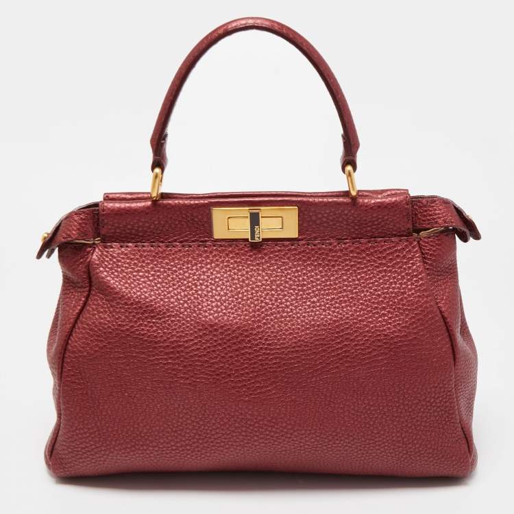 Pre Owned Fendi Metallic Burgundy Selleria Leather Regular Peekaboo Top Handle Bag