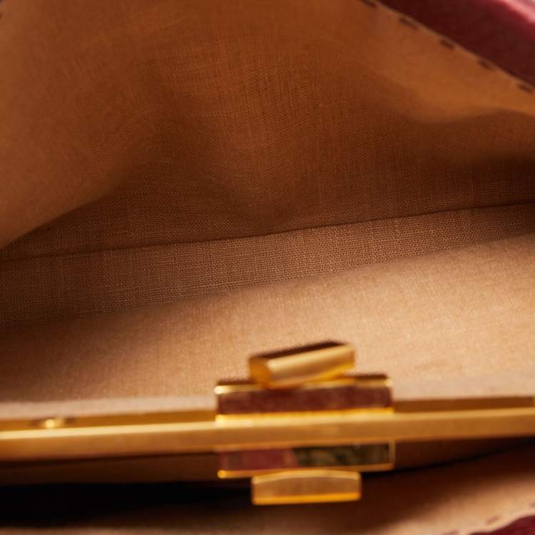 Pre Owned Fendi Metallic Burgundy Selleria Leather Regular Peekaboo Top Handle Bag