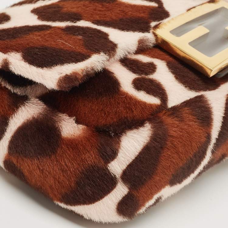 Pre Owned Fendi Brown Leopard Print Calfhair Flap Baguette Bag