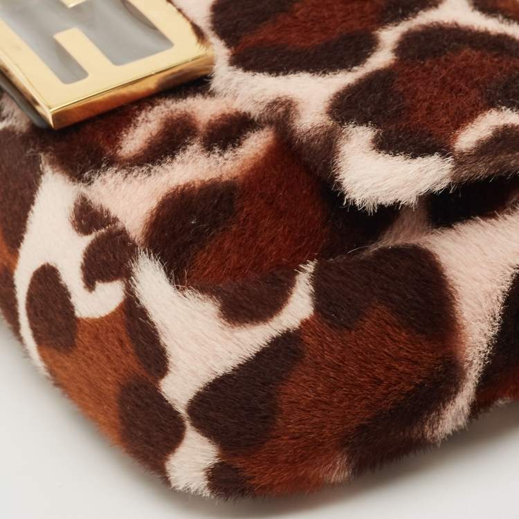 Pre Owned Fendi Brown Leopard Print Calfhair Flap Baguette Bag