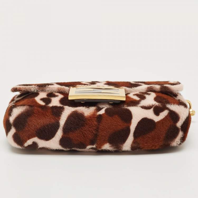 Pre Owned Fendi Brown Leopard Print Calfhair Flap Baguette Bag