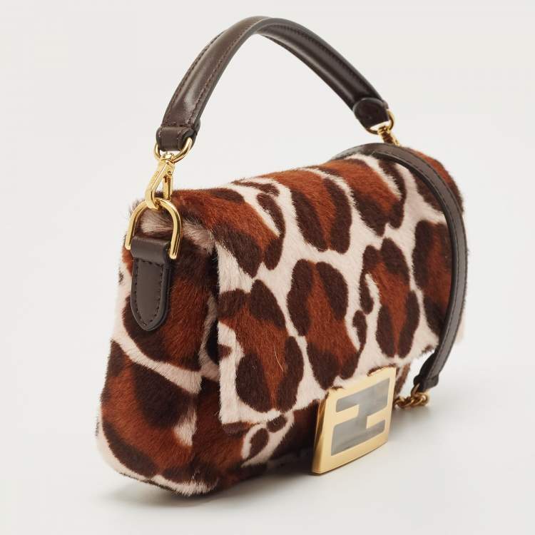 Pre Owned Fendi Brown Leopard Print Calfhair Flap Baguette Bag
