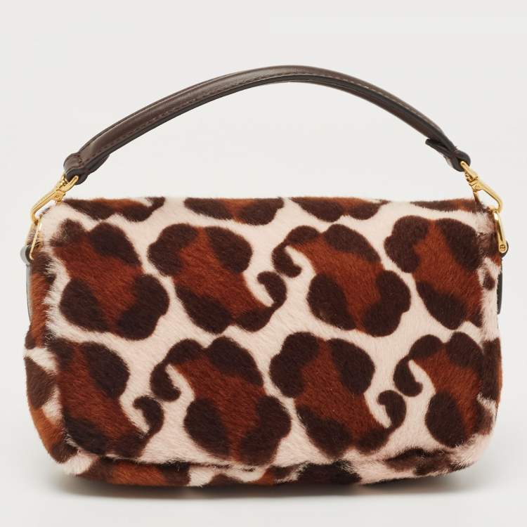 Pre Owned Fendi Brown Leopard Print Calfhair Flap Baguette Bag