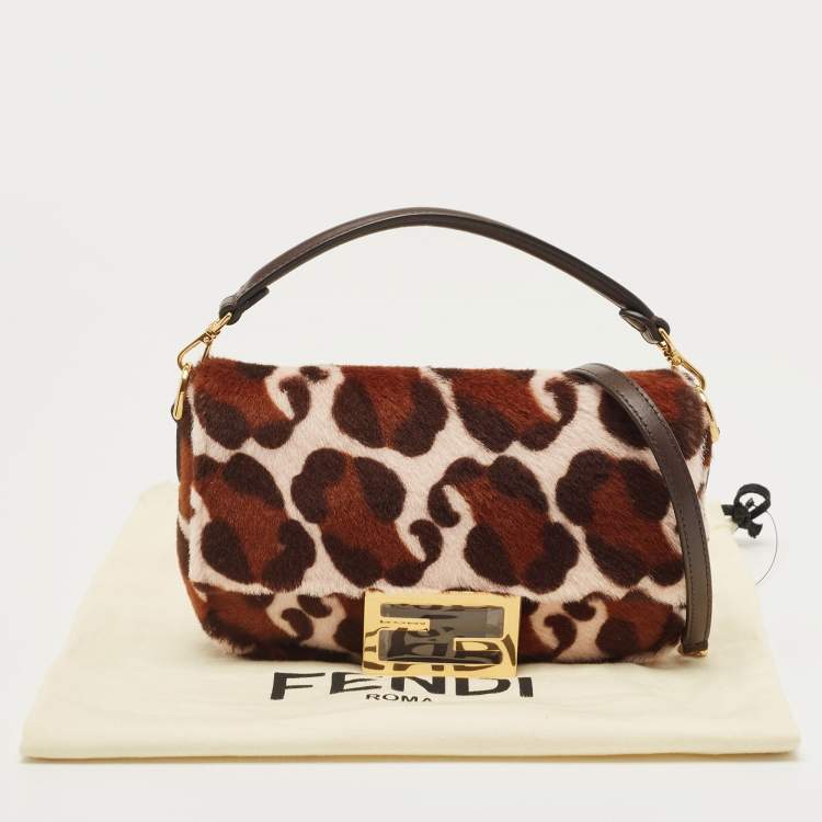 Pre Owned Fendi Brown Leopard Print Calfhair Flap Baguette Bag