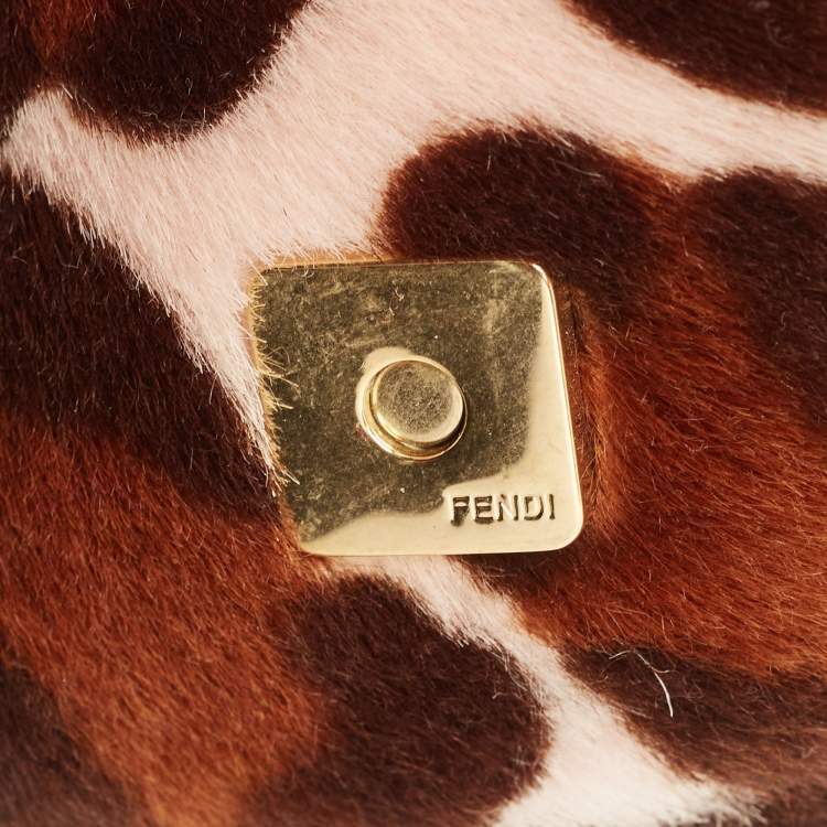 Pre Owned Fendi Brown Leopard Print Calfhair Flap Baguette Bag