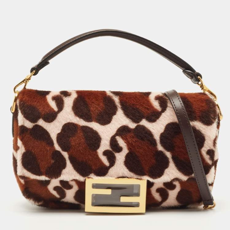 Pre Owned Fendi Brown Leopard Print Calfhair Flap Baguette Bag