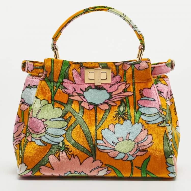 Pre Owned Fendi Multicolor Floral Print Velvet Mini Peekaboo Top Handle Bag