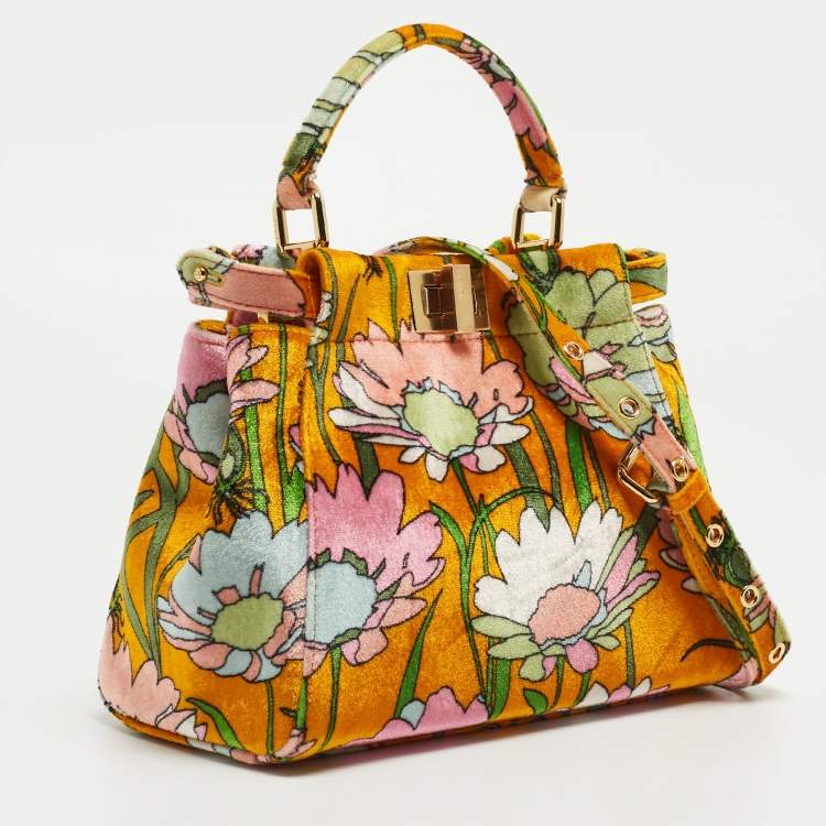 Pre Owned Fendi Multicolor Floral Print Velvet Mini Peekaboo Top Handle Bag