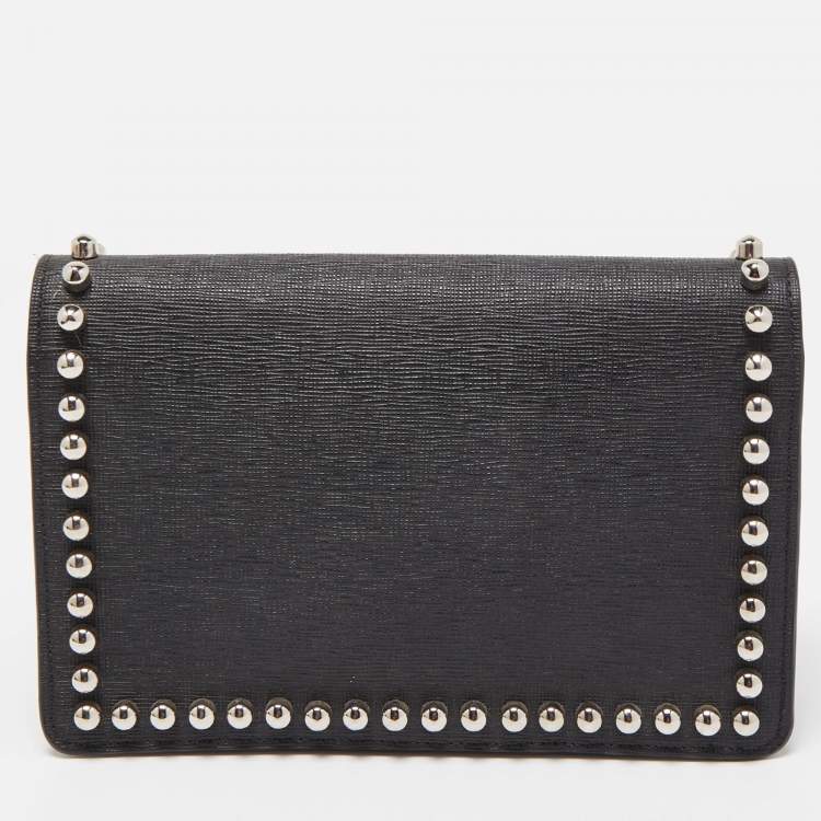 Pre Owned Fendi Black Leather Studded Karlito Wallet on Chain 