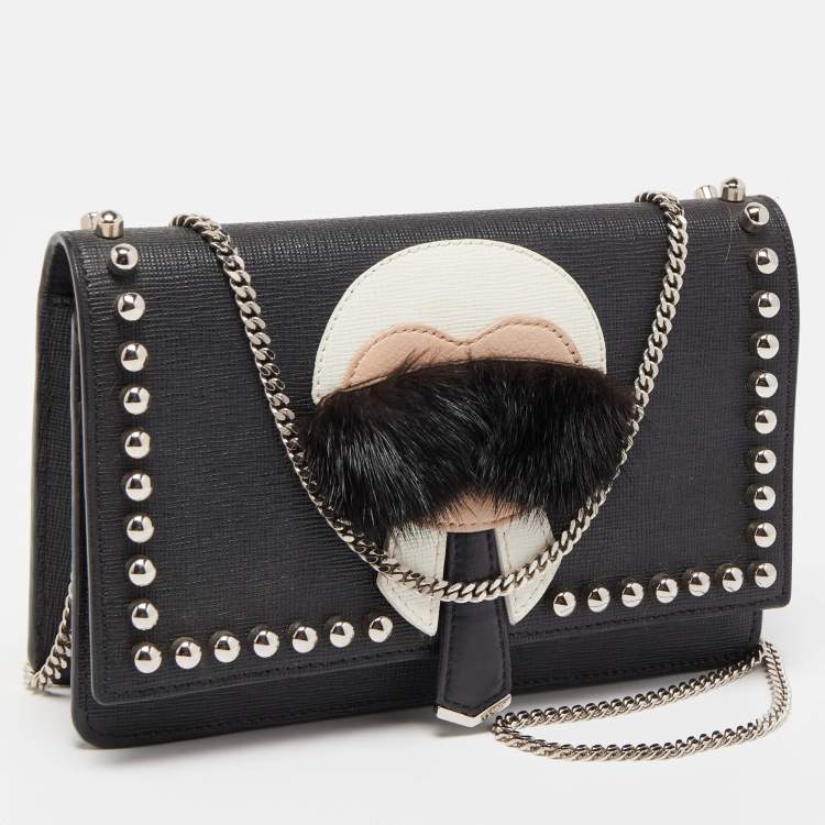 Pre Owned Fendi Black Leather Studded Karlito Wallet on Chain 