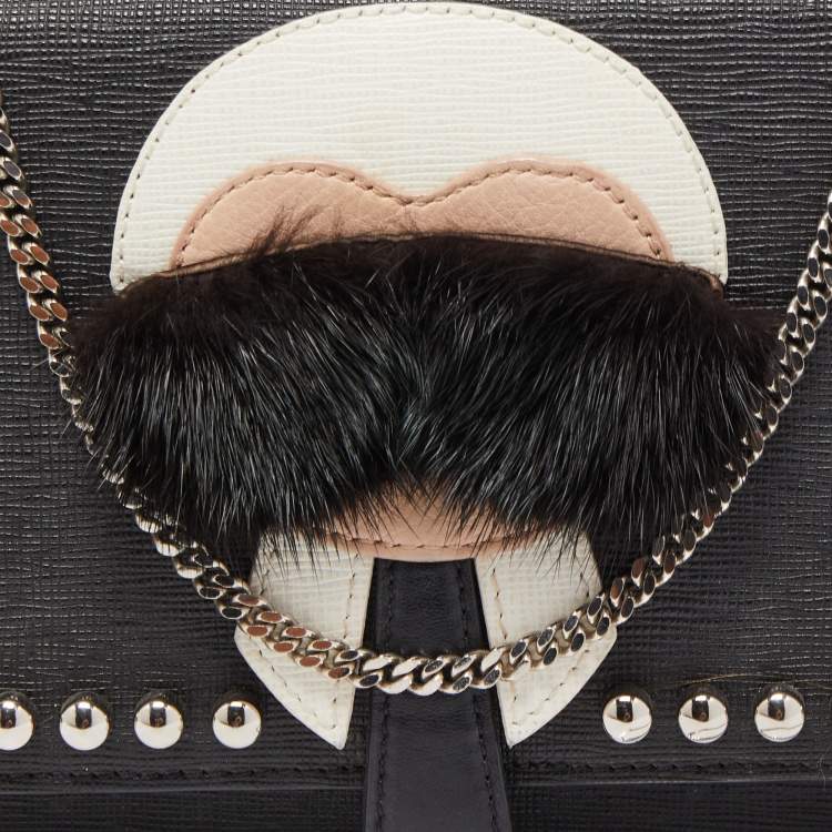 Pre Owned Fendi Black Leather Studded Karlito Wallet on Chain 