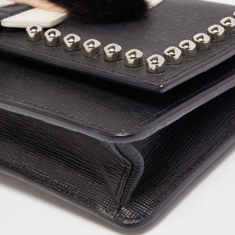 Pre Owned Fendi Black Leather Studded Karlito Wallet on Chain 