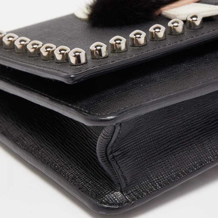 Pre Owned Fendi Black Leather Studded Karlito Wallet on Chain 