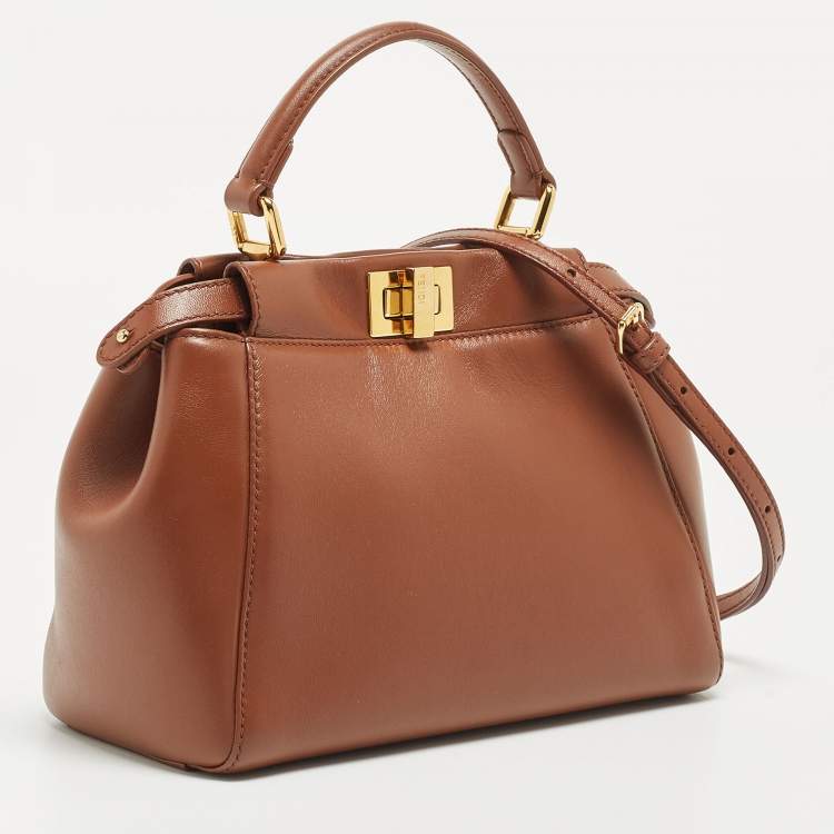 Pre Owned Fendi Brown Leather Mini Peekaboo Top Handle Bag