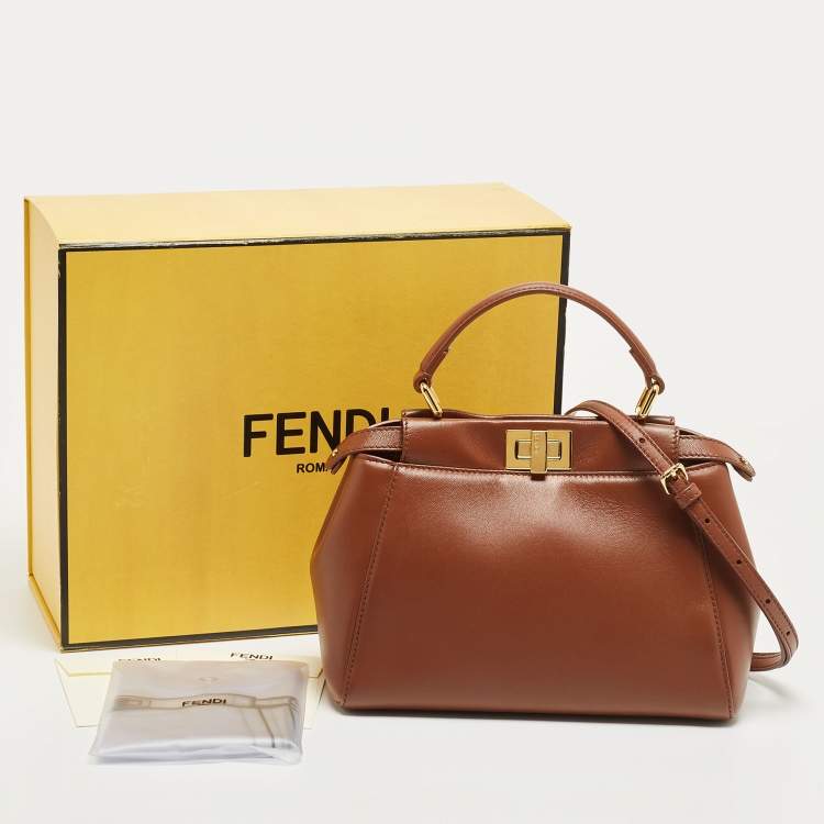 Pre Owned Fendi Brown Leather Mini Peekaboo Top Handle Bag