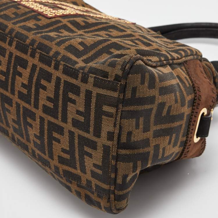 Pre Owned Fendi Tobacco Zucca Canvas and Suede Eyelet Embellished Chef De Jour Bag
