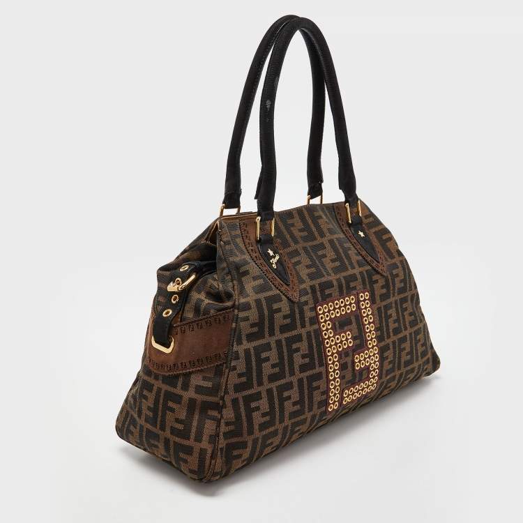 Pre Owned Fendi Tobacco Zucca Canvas and Suede Eyelet Embellished Chef De Jour Bag