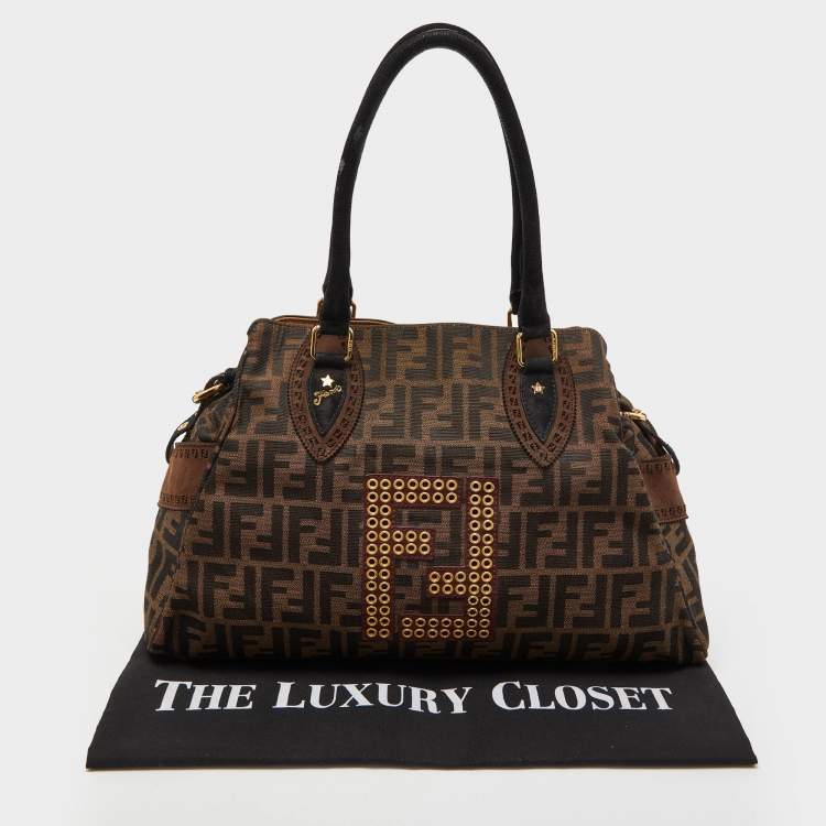 Pre Owned Fendi Tobacco Zucca Canvas and Suede Eyelet Embellished Chef De Jour Bag