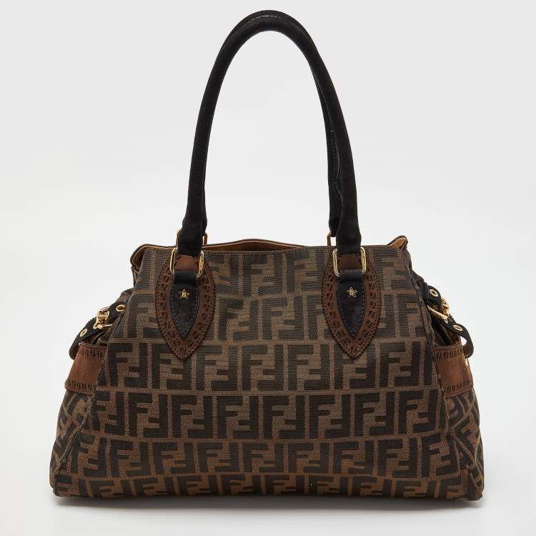 Pre Owned Fendi Tobacco Zucca Canvas and Suede Eyelet Embellished Chef De Jour Bag