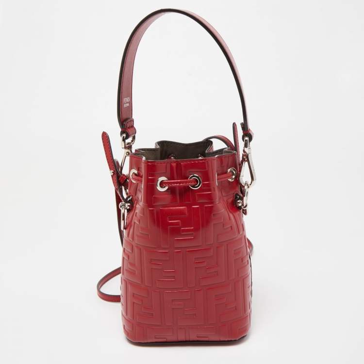Pre Owned Fendi Red Zucca Leather Mini Mon Tresor Bucket Bag