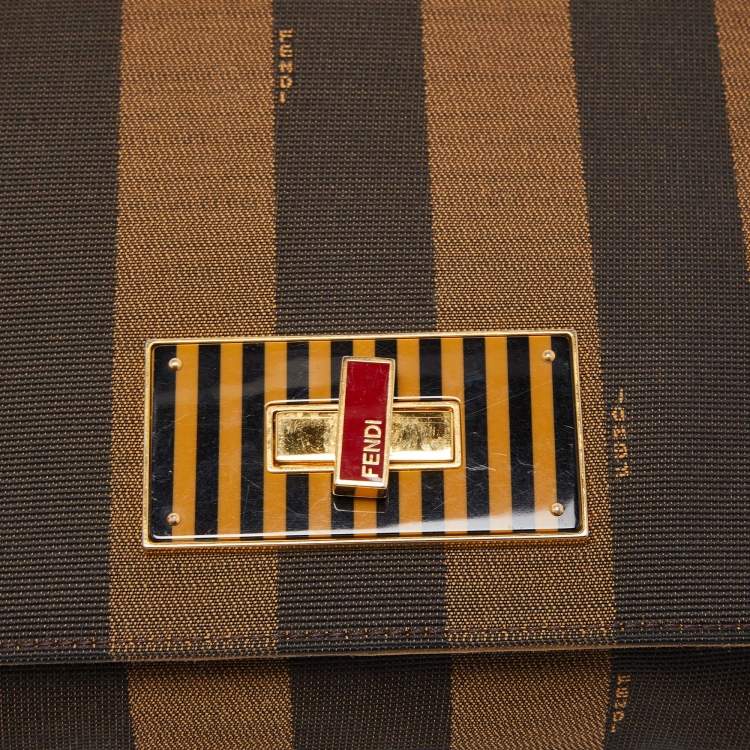 Pre Owned Fendi Tobacco Pequin Stripe Canvas Large Claudia Shoulder Bag