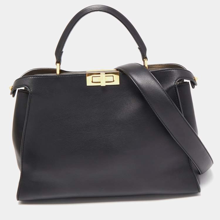 Fendi Black Leather Large Iconic Essentially Peekaboo Top Handle Bag ...