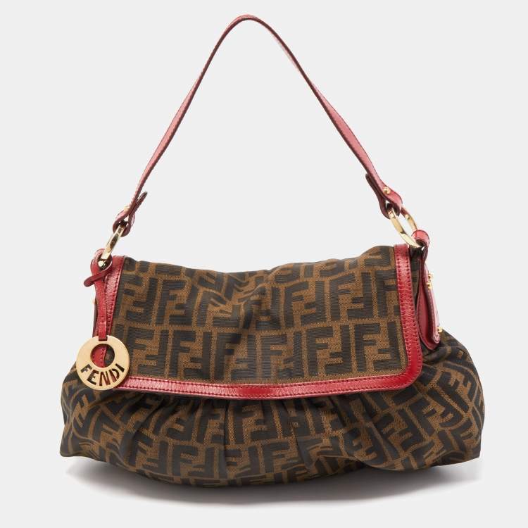 FENDI Zucca Canvas and Leather Bag in Brown with Red in 2023