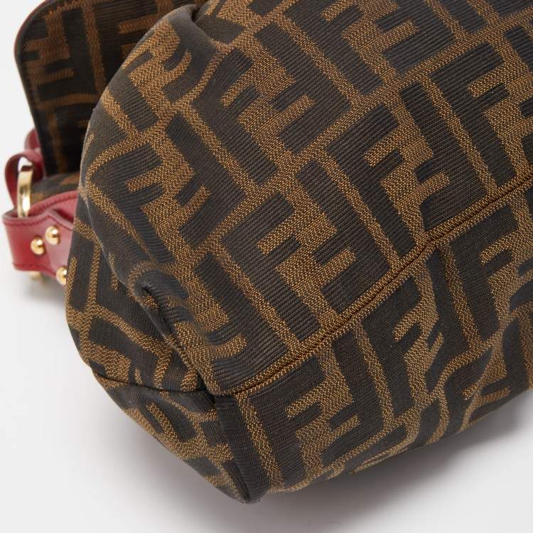 Pre Owned Fendi Tobacco/Red Zucca Canvas and Leather Chef Shoulder Bag