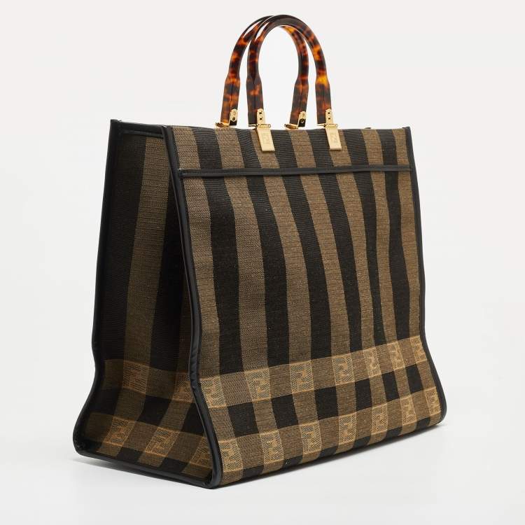 Pre Owned Fendi Black/Tobacco Jacquard Pequin Canvas Large Sunshine Shopper Tote
