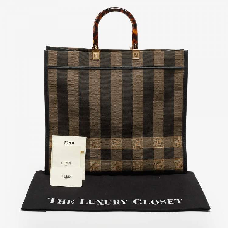 Pre Owned Fendi Black/Tobacco Jacquard Pequin Canvas Large Sunshine Shopper Tote